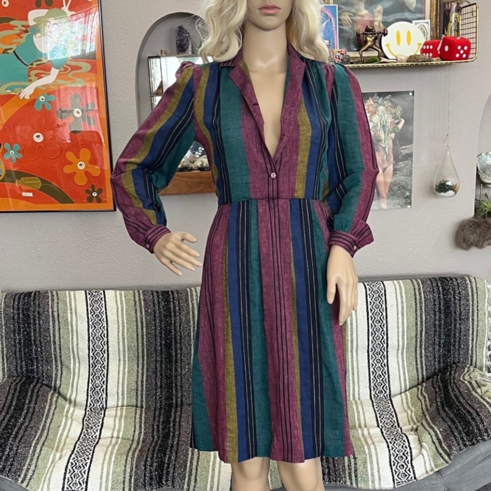 Vintage 80s Kevin Stuart Petite Striped Multicolored Midi Dress Thin Women’s 14P
